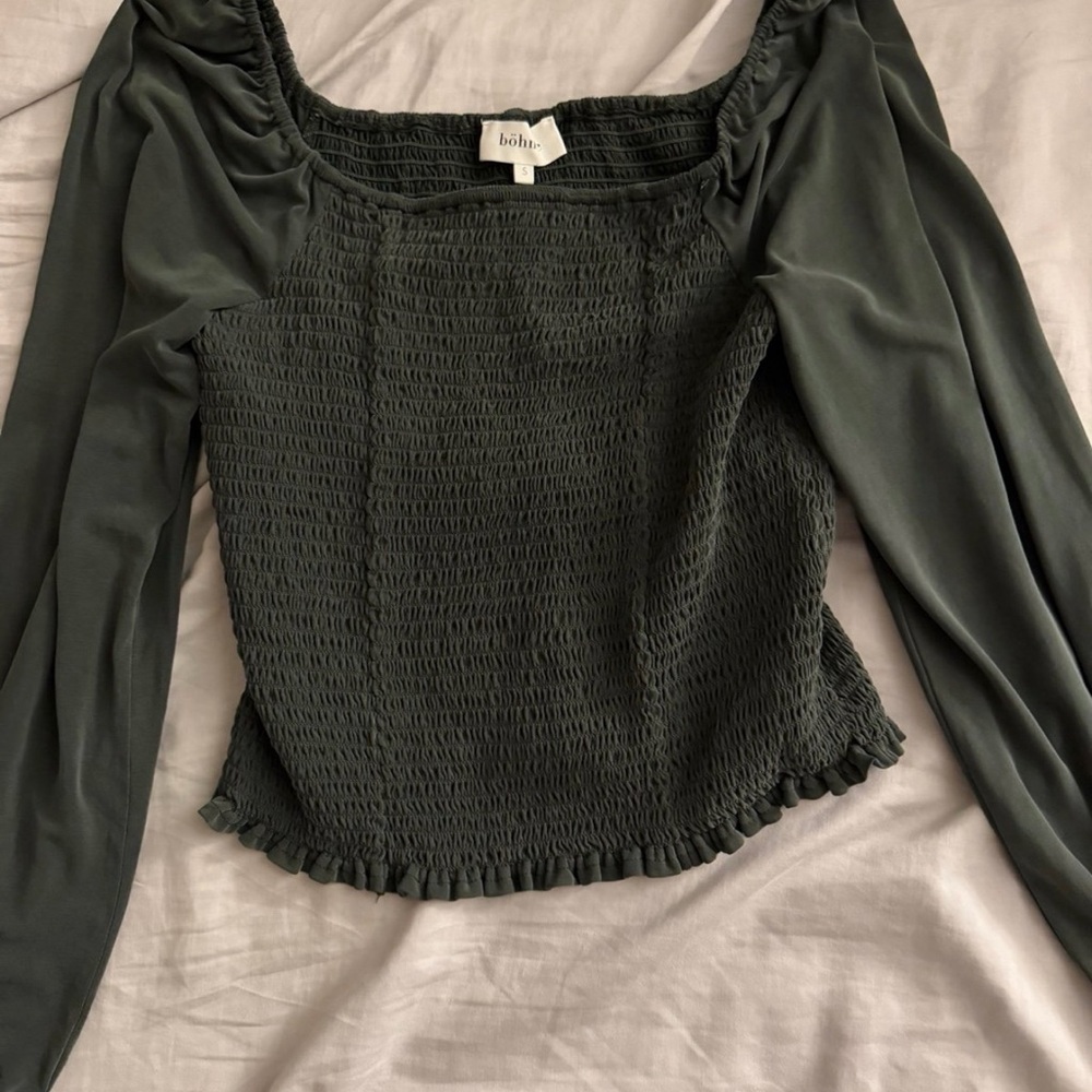 bohme Dark Green Smocked Square-Neck Long Sleeve Top